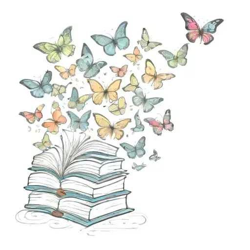 A bookshelf filled with colorful butterflies flying out of the books tattoo design idea