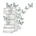 A bookshelf filled with colorful butterflies flying out of the books tattoo design idea