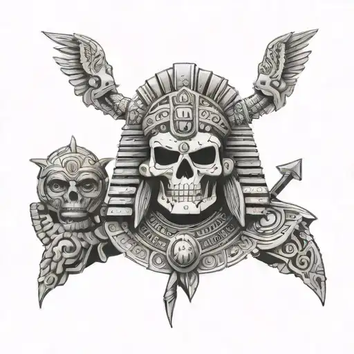 The Aztec god of death in a business suit holding an object that represents mortality  tattoo design idea