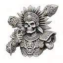 The Aztec god of death in a business suit holding an object that represents mortality  tattoo design idea