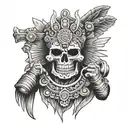 The Aztec god of death in a business suit holding an object that represents mortality  tattoo design idea