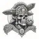 The Aztec god of death in a business suit holding an object that represents mortality  tattoo design idea