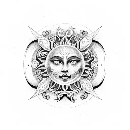 An intricate dotwork tattoo showcasing a sun, moon, and stars arranged in the shape of the Libra zodiac symbol, symbolizing harmony and balance. tattoo design idea