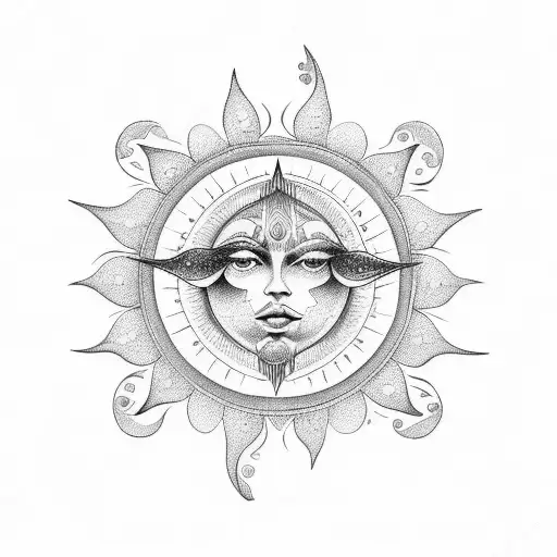 An intricate dotwork tattoo showcasing a sun, moon, and stars arranged in the shape of the Libra zodiac symbol, symbolizing harmony and balance. tattoo design idea