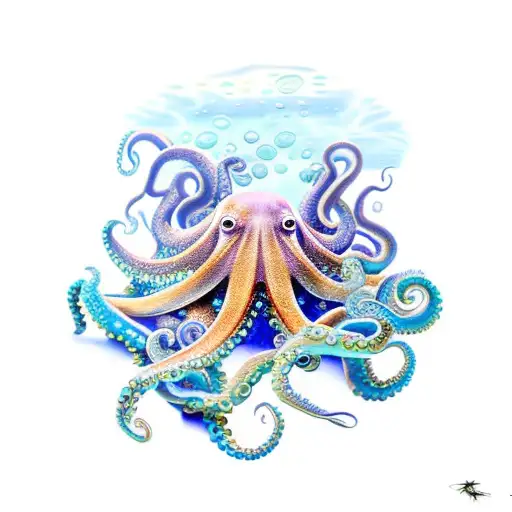 octopus, surrounded by crystals, underwater tattoo design idea