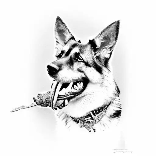 German shepherd biting the world in its mouth  tattoo design idea