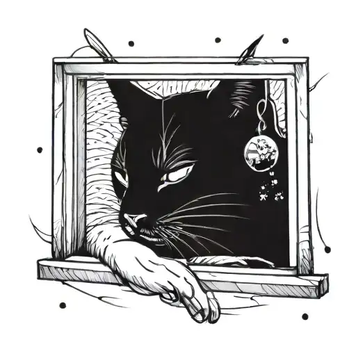 happy cat sleeping on window in space  tattoo design idea