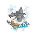 a tattoo on the bicep that contains a wild hawk and the silhouette of a father with two daughters each holding one of hi tattoo design idea