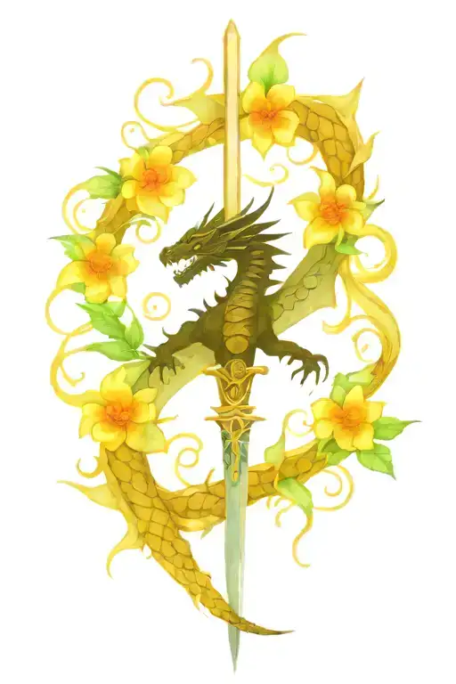 Black Dragon with kintsugi design scales wrapped around an intricate sword with a smeraldo flower in the back  tattoo design idea