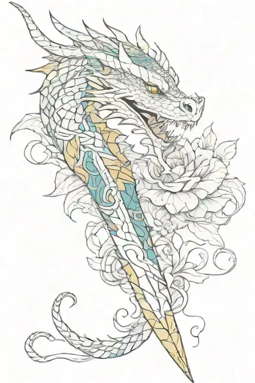 a dragon wrapped around a dagger with a kintsugi pattern and a smeraldo flower  tattoo design idea