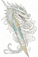 a dragon wrapped around a dagger with a kintsugi pattern and a smeraldo flower  tattoo design idea