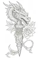 a dragon wrapped around a dagger with a kintsugi pattern and a smeraldo flower  tattoo design idea