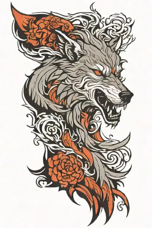"Create an image of a lean and aggressive wolf. The wolf should have a sleek and agile upper body, with sharp facial fea tattoo design idea