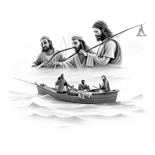 Matthew 4:18-19, depicting Jesus calling fishermen to become 'fishers of men.' the apostles' response to follow Jesus tattoo design idea
