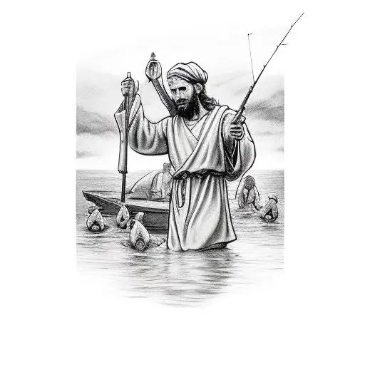 Matthew 4:18-19, depicting Jesus calling fishermen to become 'fishers of men.' the apostles' response to follow Jesus tattoo design idea