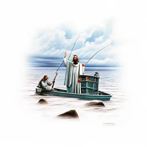 Matthew 4:18-19, depicting Jesus calling fishermen to become 'fishers of men.' the apostles' response to follow Jesus tattoo design idea