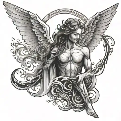 An angelic figure holding a glowing techno music waveform tattoo design idea