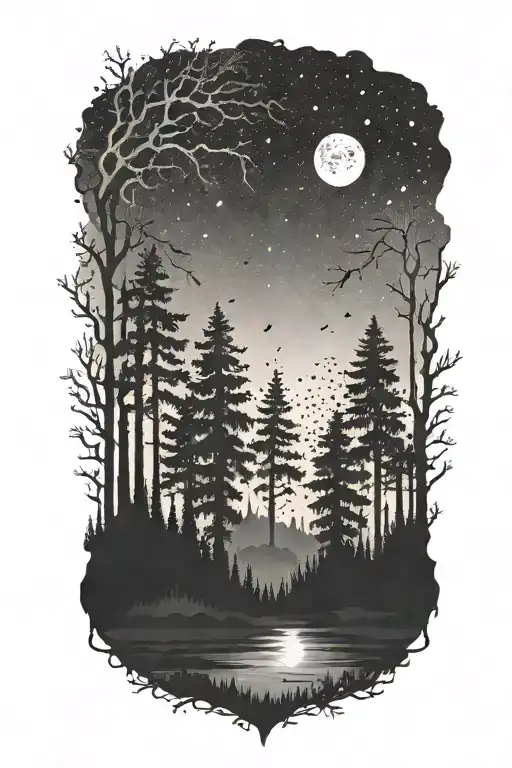 dark forest filled night sky tattoo design idea