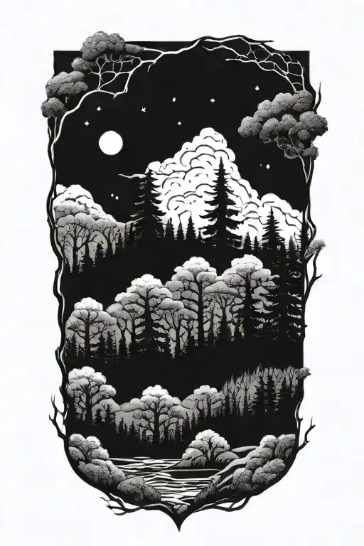 dark forest filled sky tattoo design idea