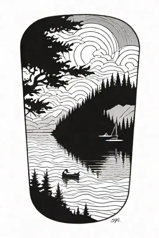 A blackwork tattoo of a tranquil lake surrounded by towering trees and mountains in the background tattoo design idea
