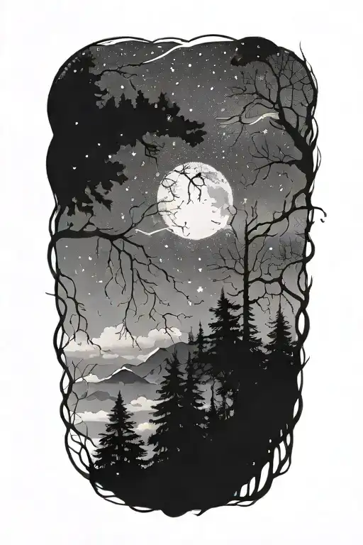 dark forest filled sky full of stars tattoo design idea