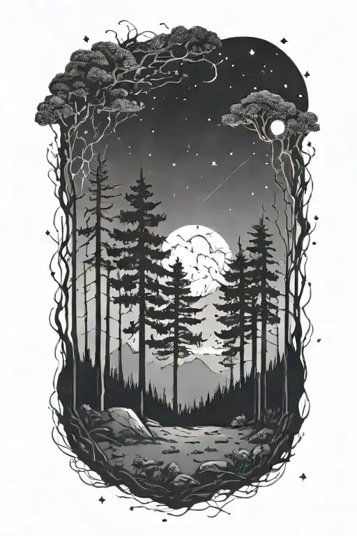 dark forest filled night sky filled with constellations tattoo design idea