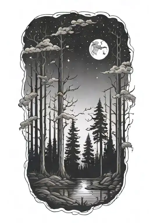 dark forest filled night sky tattoo design idea