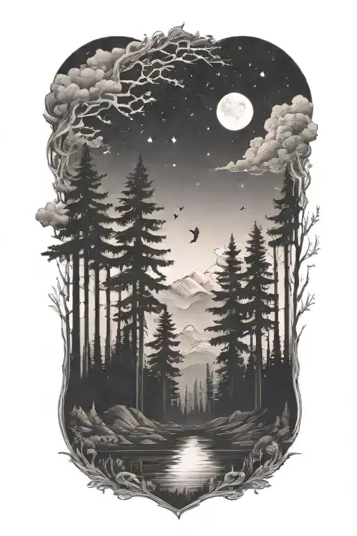 dark forest filled night sky tattoo design idea