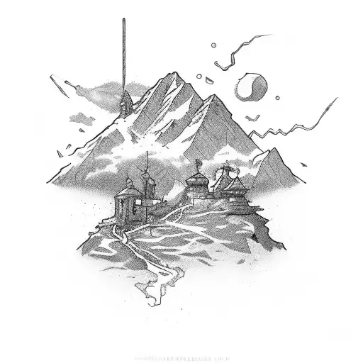 4 Alchemist's elements on a long Line starting with mediterranean sea and finishing with alp's mountain  tattoo design idea