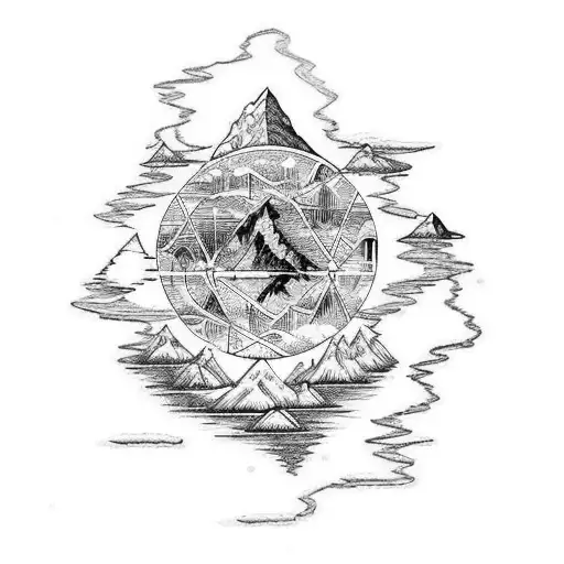 5 Alchemist's elements on a long Line starting with mediterranean sea and finishing with alp's mountain  tattoo design idea
