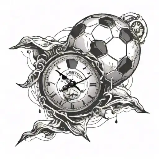 A soccer ball morphing into a clock, symbolizing the passage of time and the client's love for both futbol and watches tattoo design idea