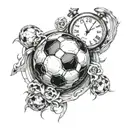 A soccer ball morphing into a clock, symbolizing the passage of time and the client's love for both futbol and watches tattoo design idea