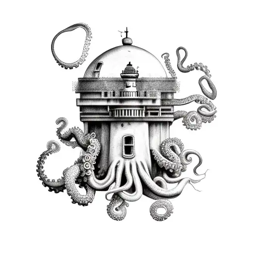 grayscale lighthouse with octopus  tattoo design idea