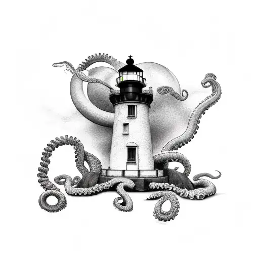 grayscale realistic lighthouse with octopus  tattoo design idea
