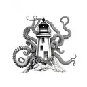 grayscale lighthouse with octopus  tattoo design idea