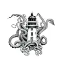 grayscale lighthouse with octopus  tattoo design idea