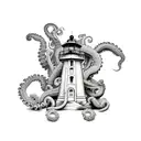 grayscale lighthouse with octopus  tattoo design idea
