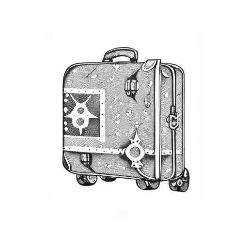 A vintage suitcase with travel stickers from different countries tattoo design idea