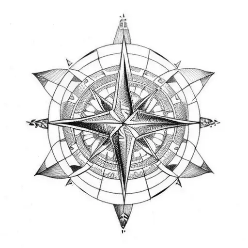 An intricate dotwork tattoo featuring a compass rose intertwined with hunting tools like crossbow and arrows. tattoo design idea