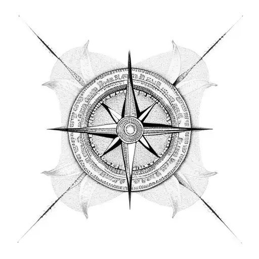 An intricate dotwork tattoo featuring a compass rose intertwined with hunting tools like crossbow and arrows. tattoo design idea