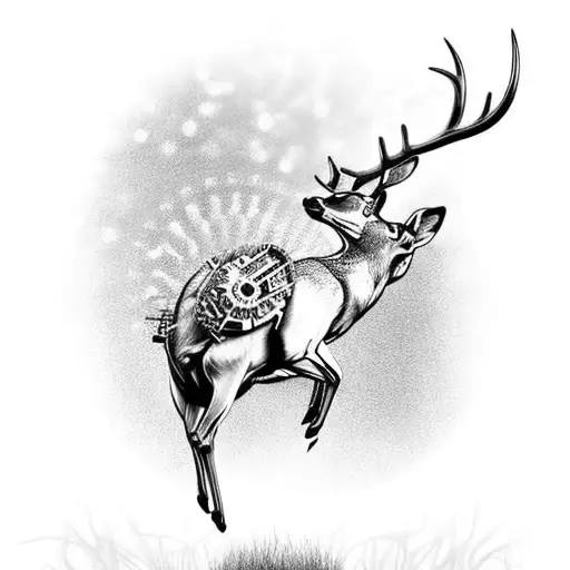A wild deer leaping with and intricate design of gears, arrows and crossbow under a sunset.. tattoo design idea