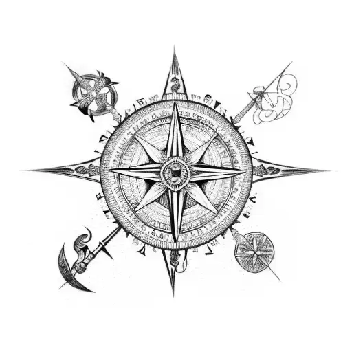 An intricate dotwork tattoo featuring a compass rose intertwined with hunting tools like crossbow and arrows. tattoo design idea