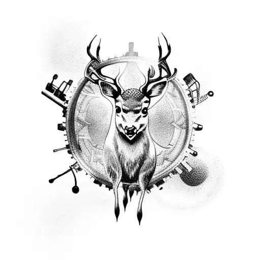 A tattoo sleeve design with wild deer leaping with and intricate design of gears, arrows and crossbow under a sunset.. tattoo design idea