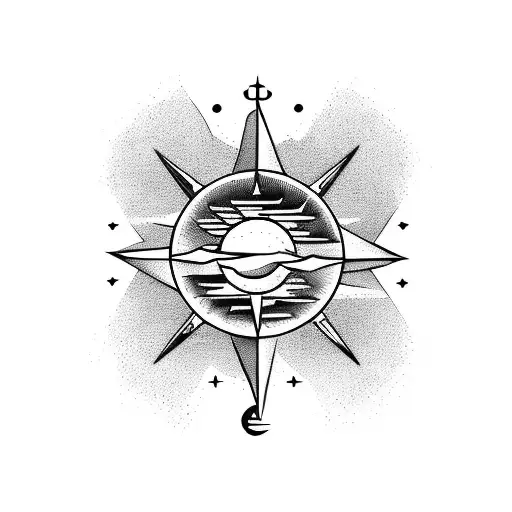 mountain, sun, sky, sea, compass tattoo design idea