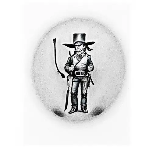 traditional billy the kid tattoo in black ink. keep his posture from the original photo of him, add mischievous smile tattoo design idea
