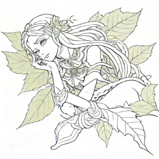 an elf girl with long hair lying on a leaf, sleepy with her right arm extended outside the leaf anime tattoo design idea