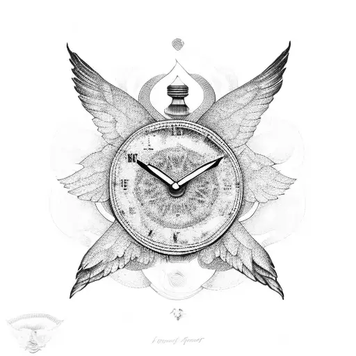 A unique design combining datters øje (daughter's eye), søns vinge (son's wing), and an ur (clock) to represent the bond between family and the passing of time tattoo design idea