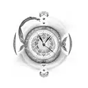 A unique design combining datters øje (daughter's eye), søns vinge (son's wing), and an ur (clock) to represent the bond between family and the passing of time tattoo design idea
