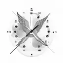 A unique design combining datters øje (daughter's eye), søns vinge (son's wing), and an ur (clock) to represent the bond between family and the passing of time tattoo design idea