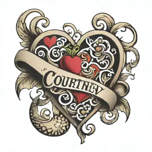 Heart made out of the name: "Courtney" ans the number "222" tattoo design idea